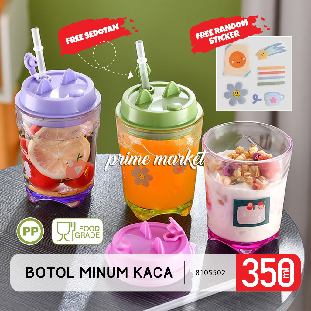 Gelas Kaca Aesthetic Gelas Kaca Sedotan Botol Kaca Cangkir Kucing Gelas Susu Gelas Anak 350 ml (8105