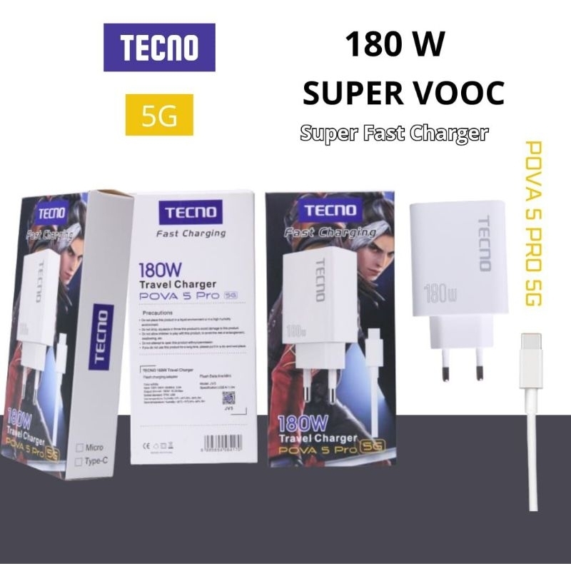 TECNO 180w Charger Pova 5Pro 5G Set Plus Kabel Data Fast Charging Handphone Android Smartphone