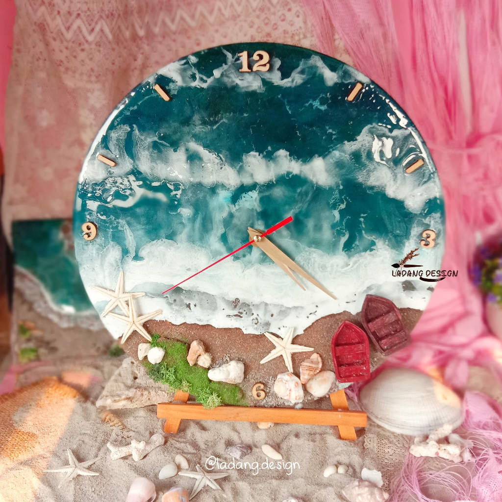 Jam Resin Art Dinding Meja 30 cm Room Decor Dekorasi Rumah Hadiah Kado Unik Abstract Laut Pantai Oce