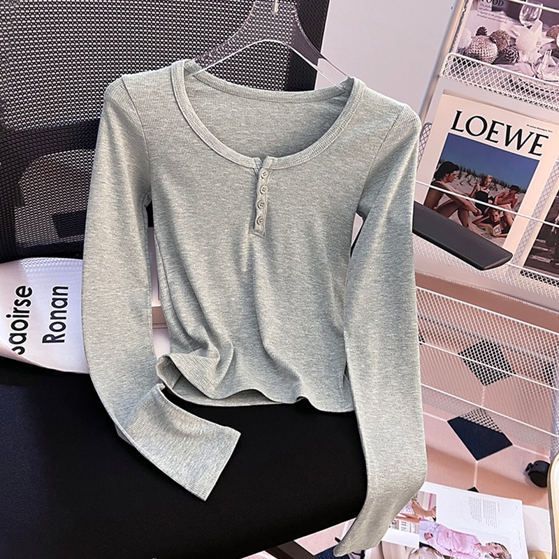 Kaos Lengan Panjang Kancing Leher Bulat Garis-garis Kualitas Tinggi/Kaos Wanita Gaya Korea/Kaos Keta