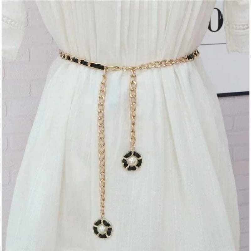 Ikat Pinggang Belt Rantai Slim Model Mutiara Imitasi Fashion Wanita Korea Fashion Hitam