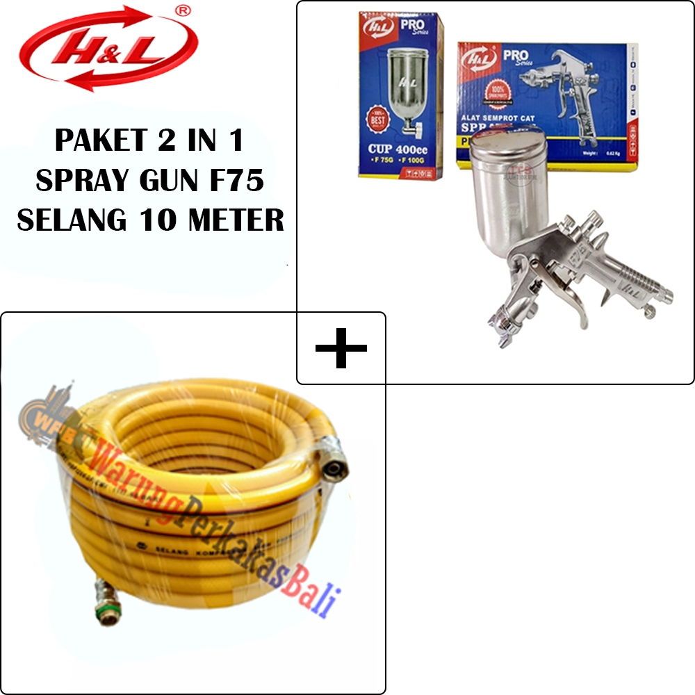 2IN1 H&L F75 Tabung Atas 40cc Spray Gun Cat Semprot Angin Kompresor Dan IWA Selang Angin 10 Meter