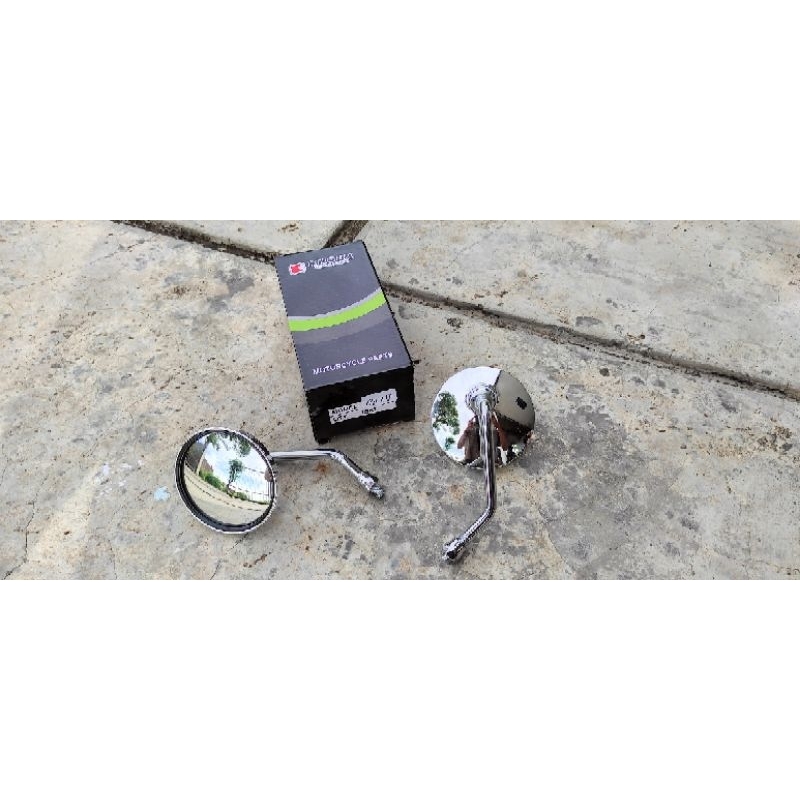 SPION CLASSIC RETRO BULAT CROM TANGKAI PENDEK KACA PUTIH UNIVERSAL SEMUA MOTOR HONDA UKURAN DRAT KUN