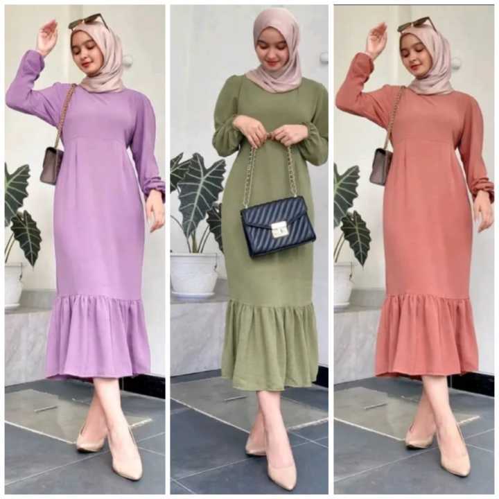 Siska midi dress bahan crinkle / Tali Pinggang / SIZE M L XL