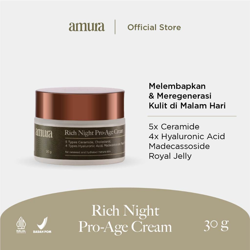 Amura Rich Night Pro-Age Cream Wajah 5x Ceramide untuk Revititalisasi &amp; Hidrasi Kulit Dewasa (30g)