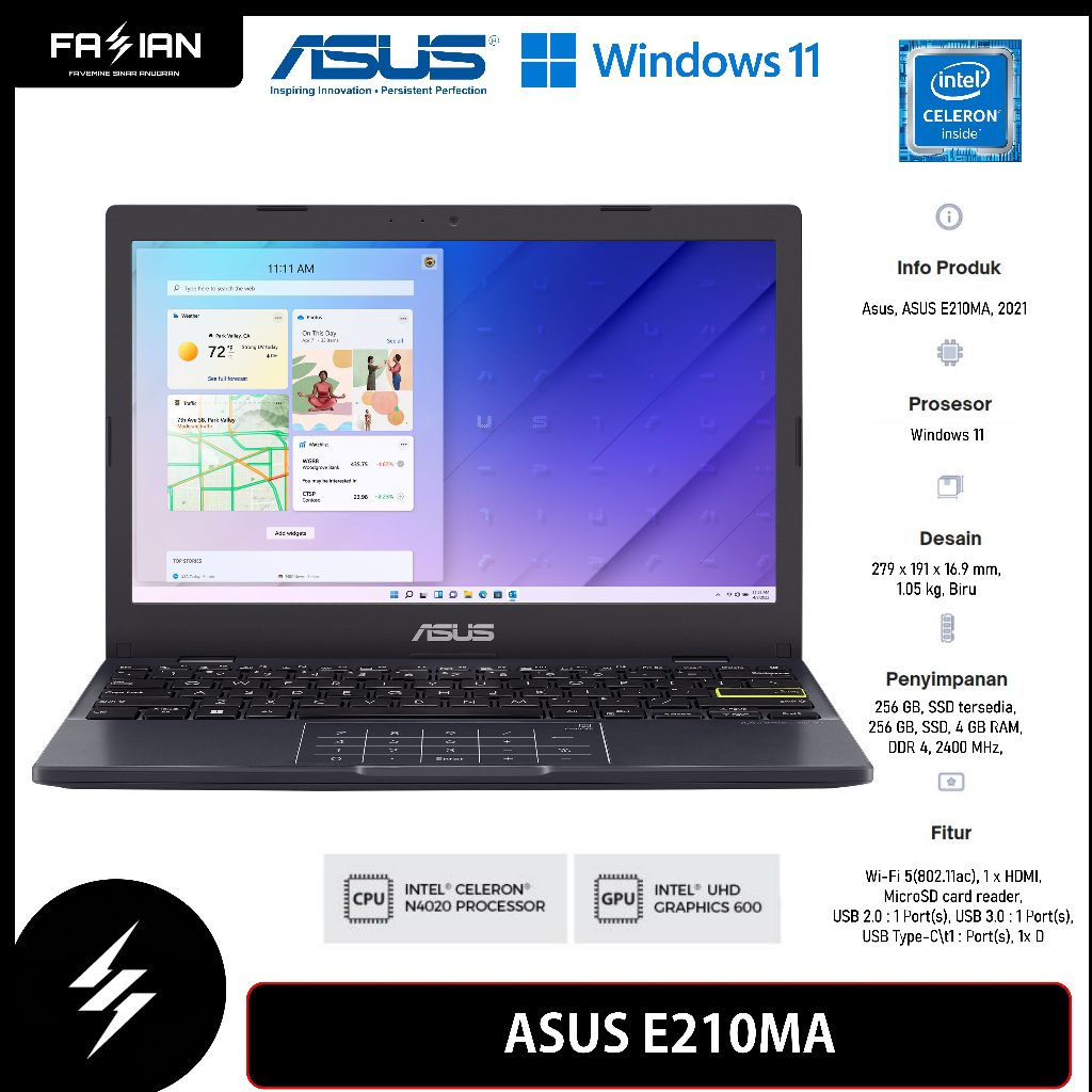LAPTOP ASUS E210MA INTEL N4020 DDR4 4GB SSD 256GB