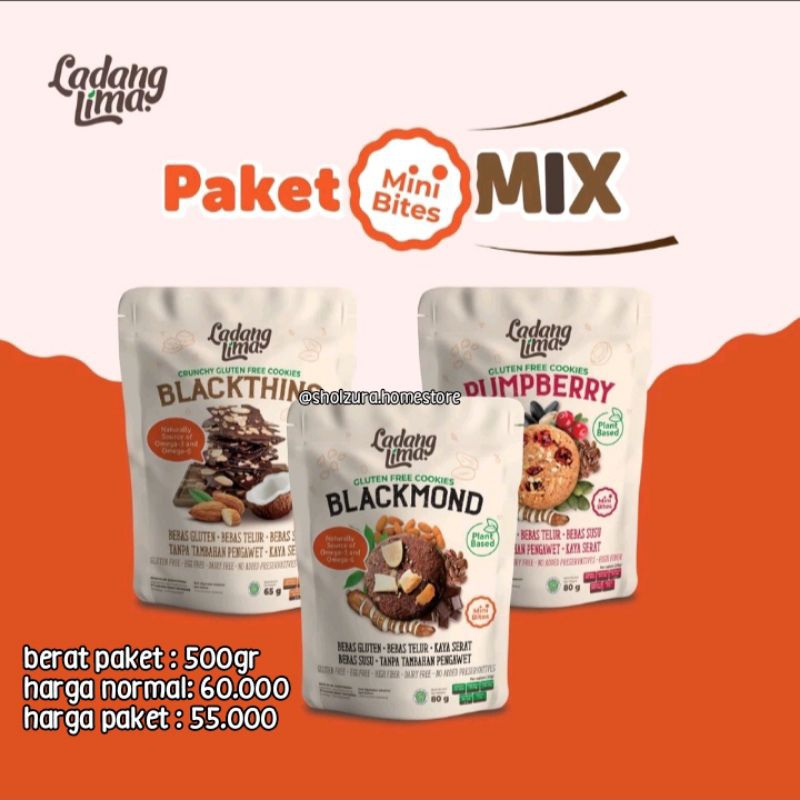 

Paket Nyemil Sehat Mini bites Ladang Lima - Cookies Gluten free