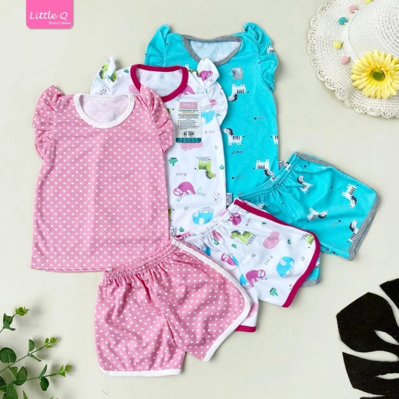 litle Q (3 pcs) setelan oblong rempel motif little Q/ setelan bayi lucu size S,M,L,XL,XXL SNI