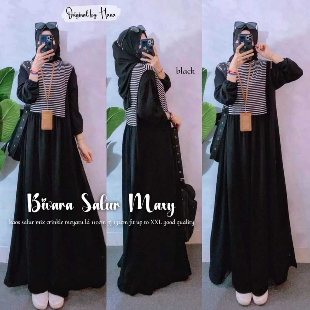 BIvara Dress Gamis Salur Casual LD 110 Bahan Kaos Motif Garis Garis Stripe Nyaman Kekinian Terbabru