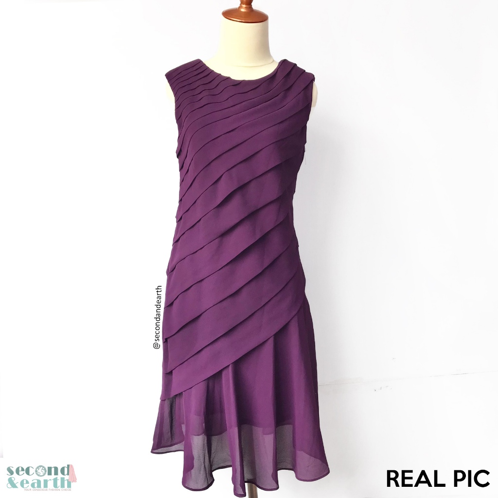 Midi Dress Sifon (XS-S) Terusan Pesta Tanpa Lengan Plisket Lipit Flare A-Line Flowy Ungu Polos Sleev