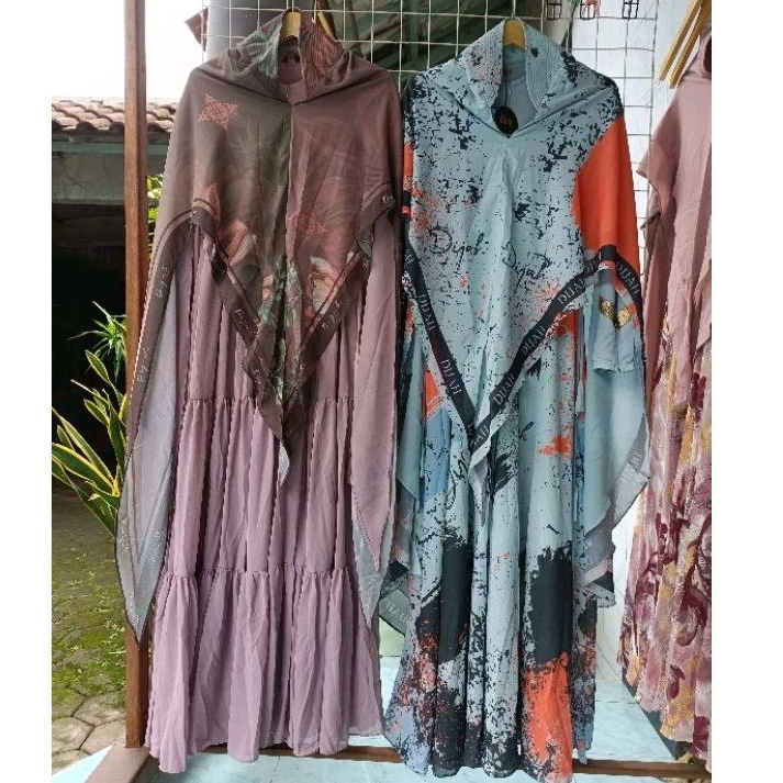 BerMus - Gamis Syari set Khimar ceruti printing by DIJAH original/DJ235