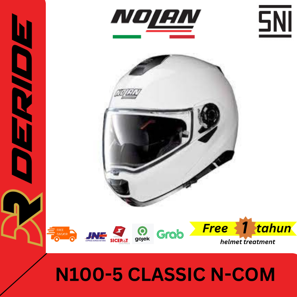 HELM MODULAR NOLAN N100-5 CLASSIC N-COM 005 METAL WHITE MODULAR FLIP UP FULL FACE SNI ORIGINAL