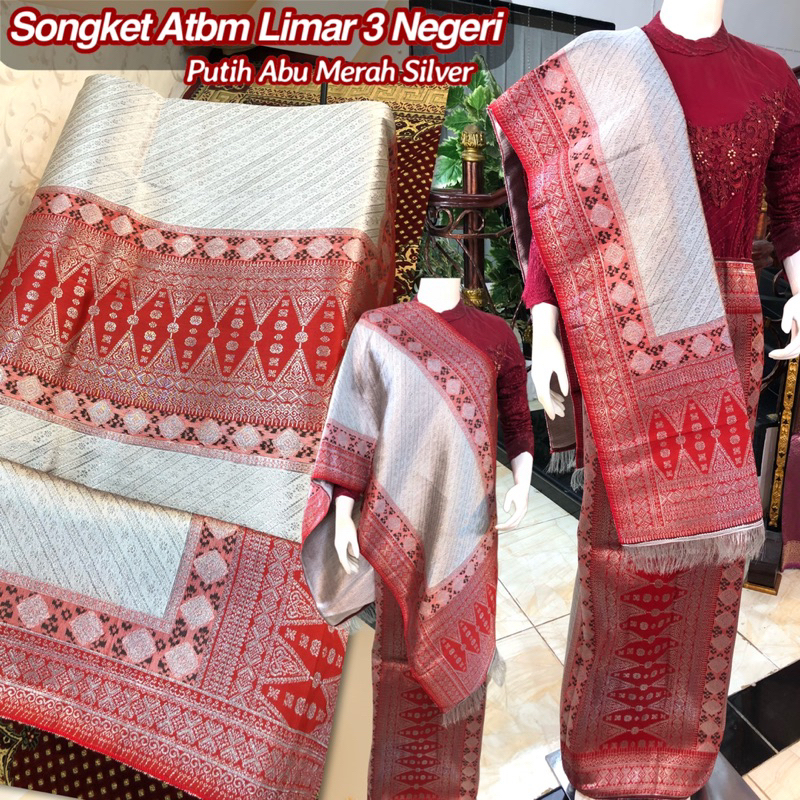 NEW Songket Atbm Limar 3 Negeri Exclusive Putih Abu Merah Silver/kode 55  Songket Tenun Mesin Palembang ilham Songket  / Motif Pulir