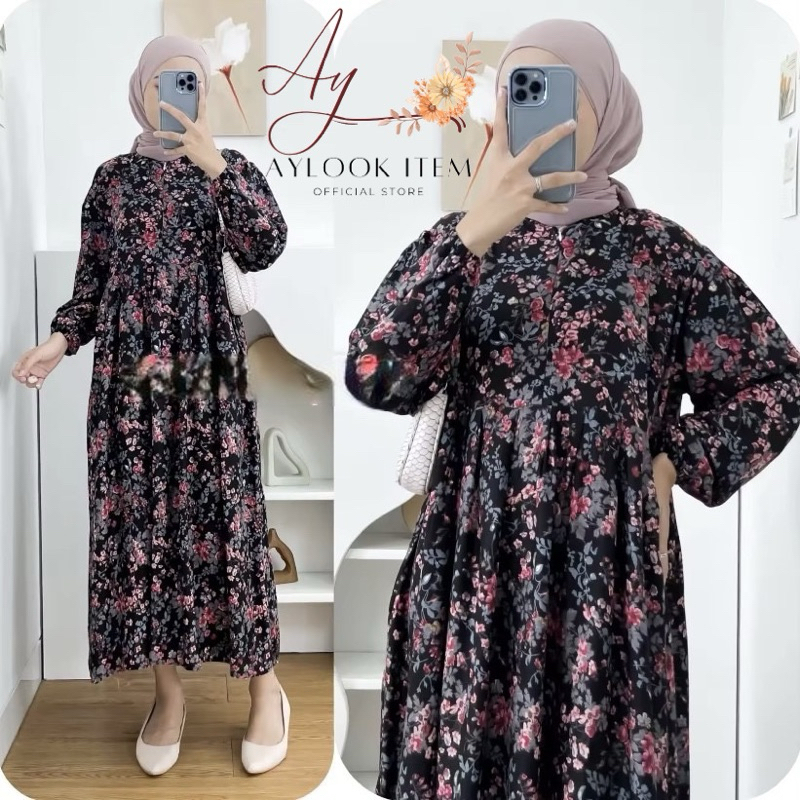 MIDI DRESS WANITA RAYON  / GAMIS RAYON ADEM BUMIL BUSUI FRIENDLY JUMBO-Kalana Hitam