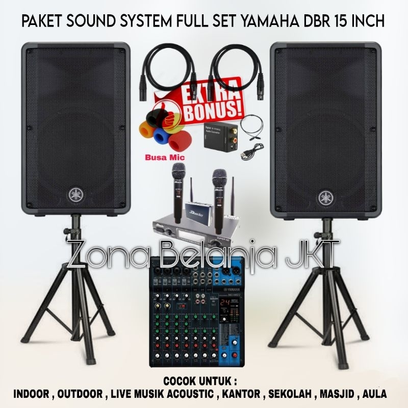 PAKET SOUND SYSTEM INDOOR OUTDOOR FULL SET SPEAKER YAMAHA DBR 15 INCH AKTIF MIXER YAMAHA 10 CHANNEL 