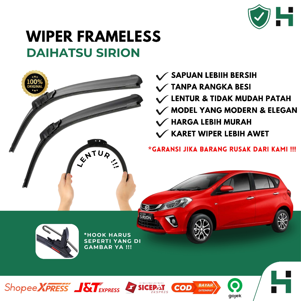 Wiper Mobil Frameless Daihatsu Sirion Sepasang Isi 2 Pcs Kanan Kiri | Wiper Kaca Mobil Daihatsu Siri