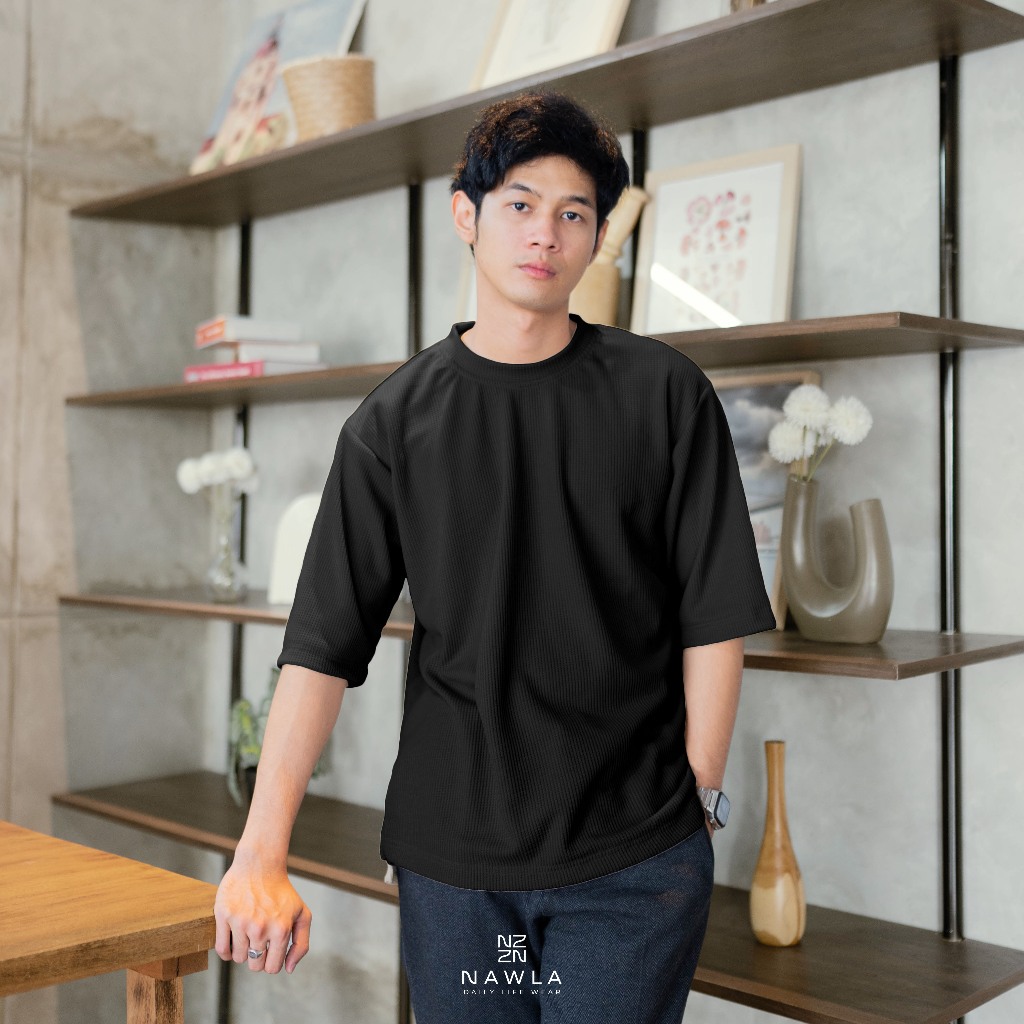 Baju atasan oversize pria lengan pendek premium waffle knit uniqlo