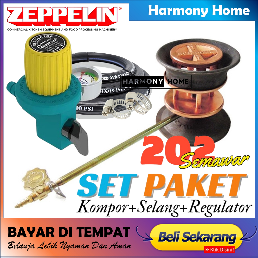 Paket Kompor Zeppelin ZPL 202 +Selang Gas Hitam+regulator Quantum Meter Semawar Tekanan Tinggi Kompo