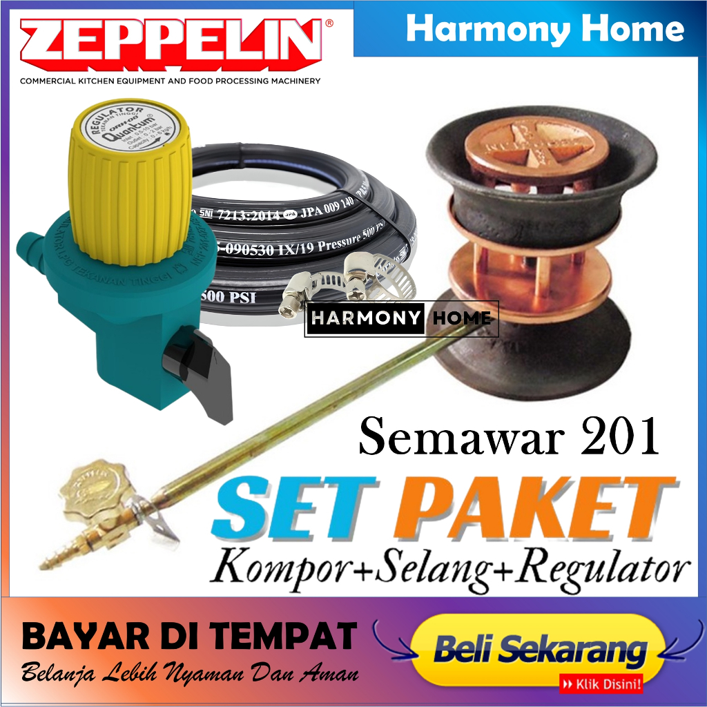 Zeppelin Kompor Gas Semawar 201+Selang Gas Hitam+regulator Quantum Non Meter Semawar Tekanan Tinggi 