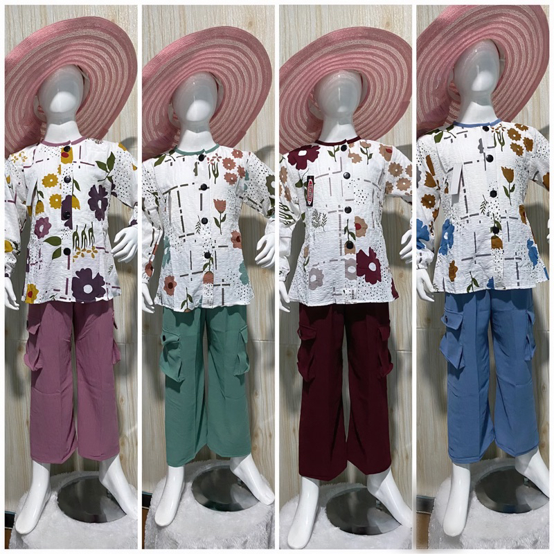 SETELAN ANAK PEREMPUAN DELLA SERIES 6-10 TAHUN ONE SET CRINKLE ANAK CELANA KARGO