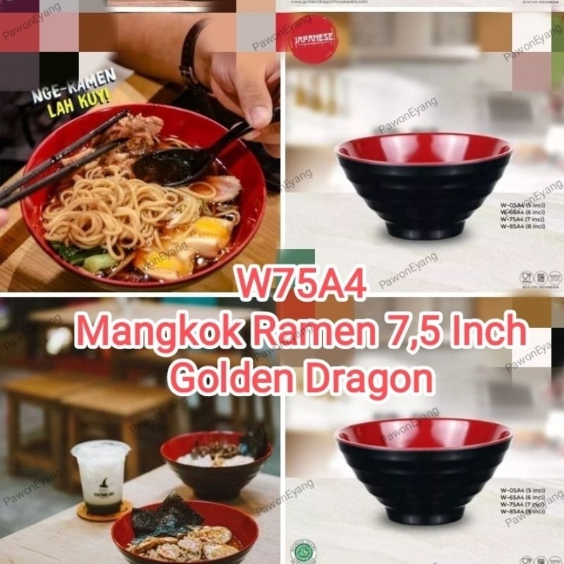 Grosir Melamin W75A4 Mangkok Ramen Merah Hitam  7,5 Inch golden dragon free bubble dan dus