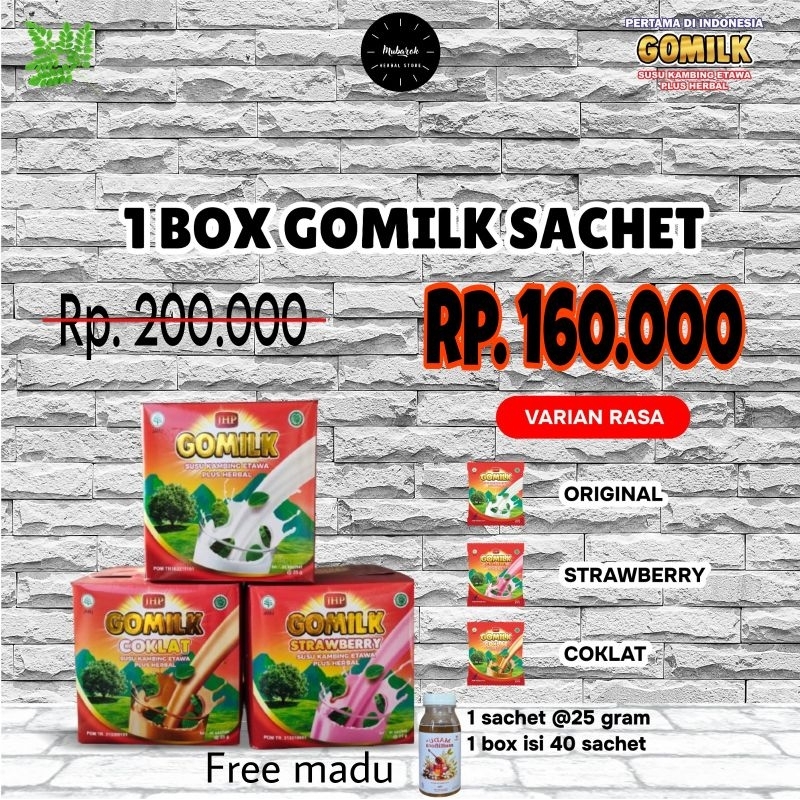 

GOMILK SACHET free MADU/ 1 BOX netto 1KG isi 40 Sachet / GOMILK SUSU KAMBING ETAWA PLUS HERBAL / Daun kelor / mengkudu / dan daun kelor