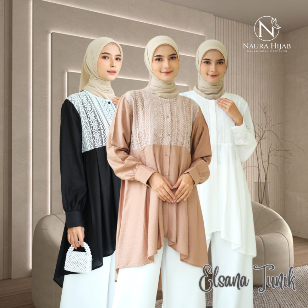 Elsana by Naura Hijab - Tunik wanita panjang warna Salem, Hitam, putih lengan panjang full kancing b