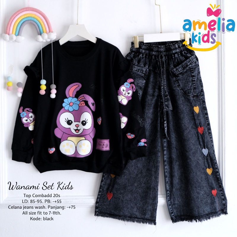 New Amelia Kids - Wanami Set Jeans Anak 7-11 tahun Setelan Atasan Anak Kaos Sablon Rabbit mix Celana