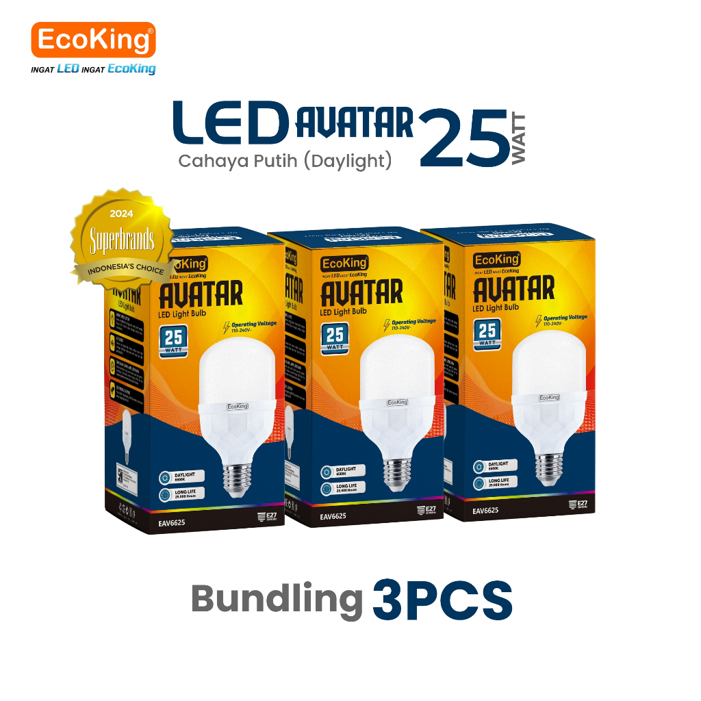 EcoKing Lampu Bohlam Rumah LED Avatar 25W 3 PCS Cahaya Putih (EAV6625DL)