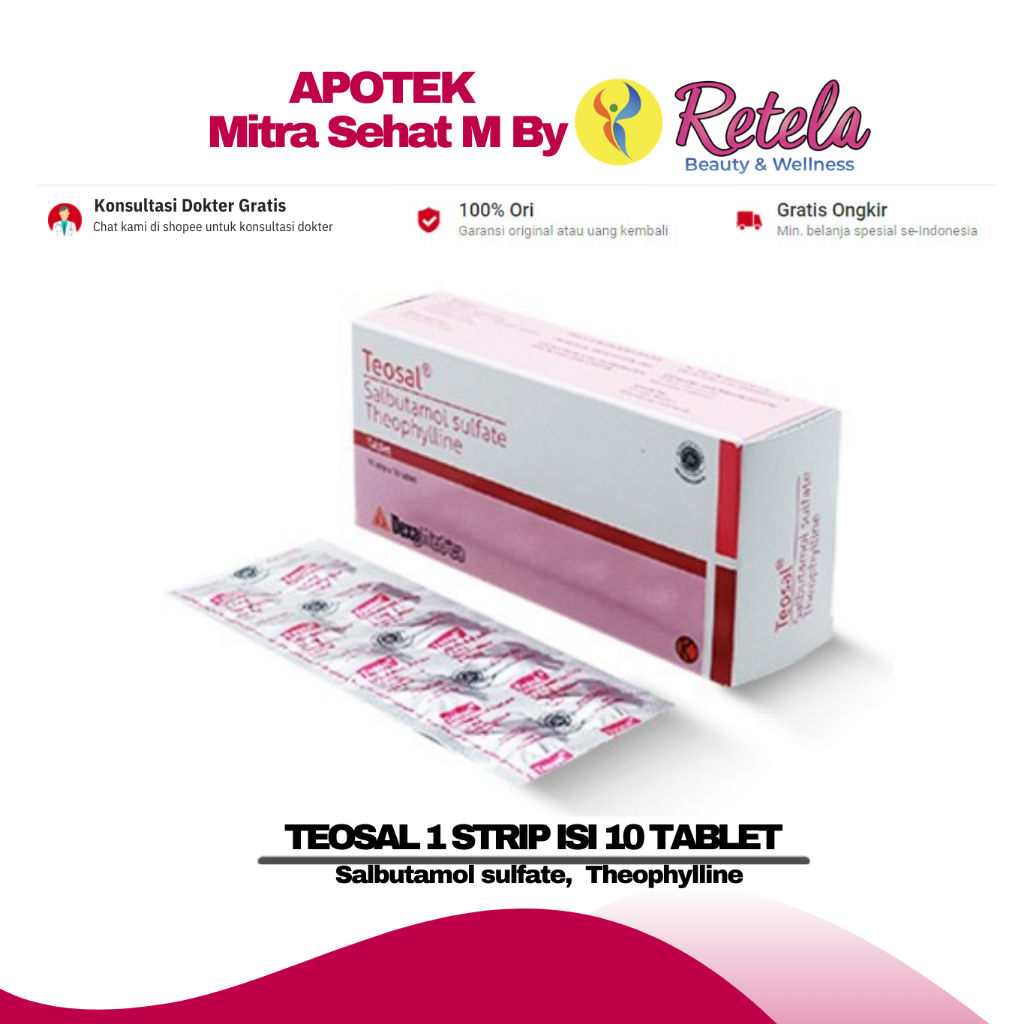 TEOSAL 1 STRIP 10 TABLET ( SALBUTAMOL SULFATE, THEOPHYLLINE  ) / OBAT ASMA
