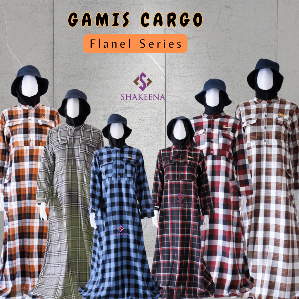 Baju gamis cargo kotak-kotak premium bahan katun flanel - Baju gamis casual wanita