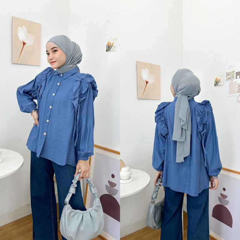 Shreya Blouse Kemeja Polo Linen Rempel Bahu Atasan Wanita Full Kancing