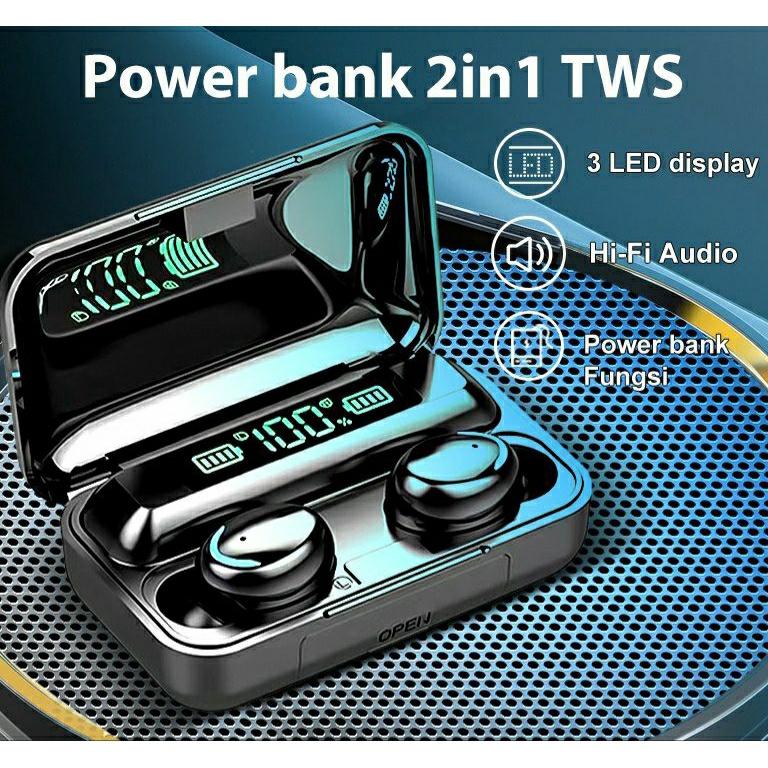 ART L38G F95 LED HEADSET BLUETOOTH WIRELESS TWS  POWER BANK 35 MAH