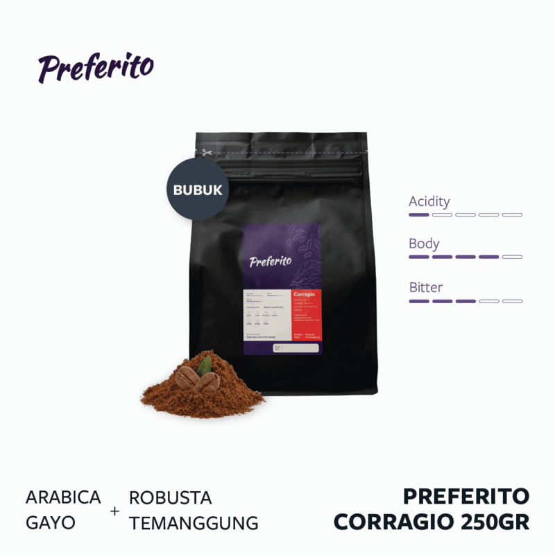 

Preferito Corragio Biji Kopi Bubuk Arabica Gayo Robusta Temanggung