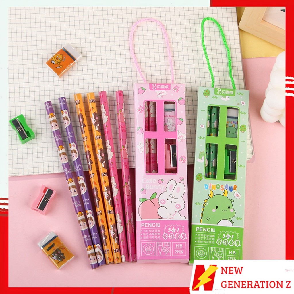 

NGZ Stationery Set 5 in 1 Alat Tulis Anak Sekolah Penghapus penggaris Pensil Serutan Karakter Lucu Set Alat Tulis Anak Motif Kartun