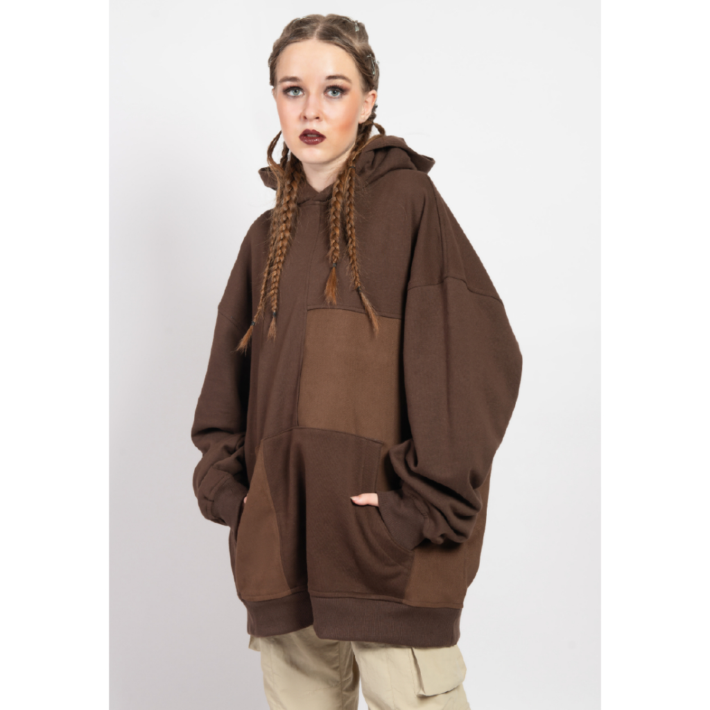 OCWA OVERSIZED ALFREDO MIXED DENIM BROWN HOODIE WOMAN