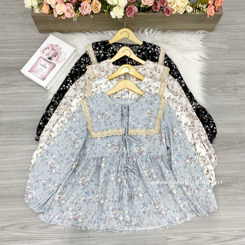 Blouse balon crinkle motif bunga