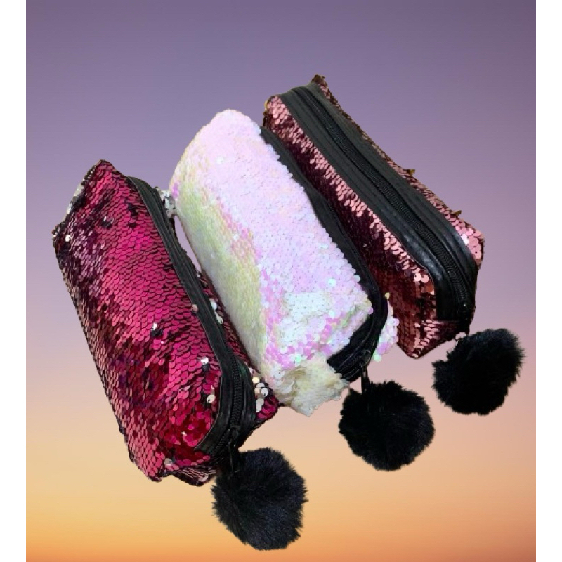 

Tempat pensil motif sequin + gantungan kunci bulu import realpict