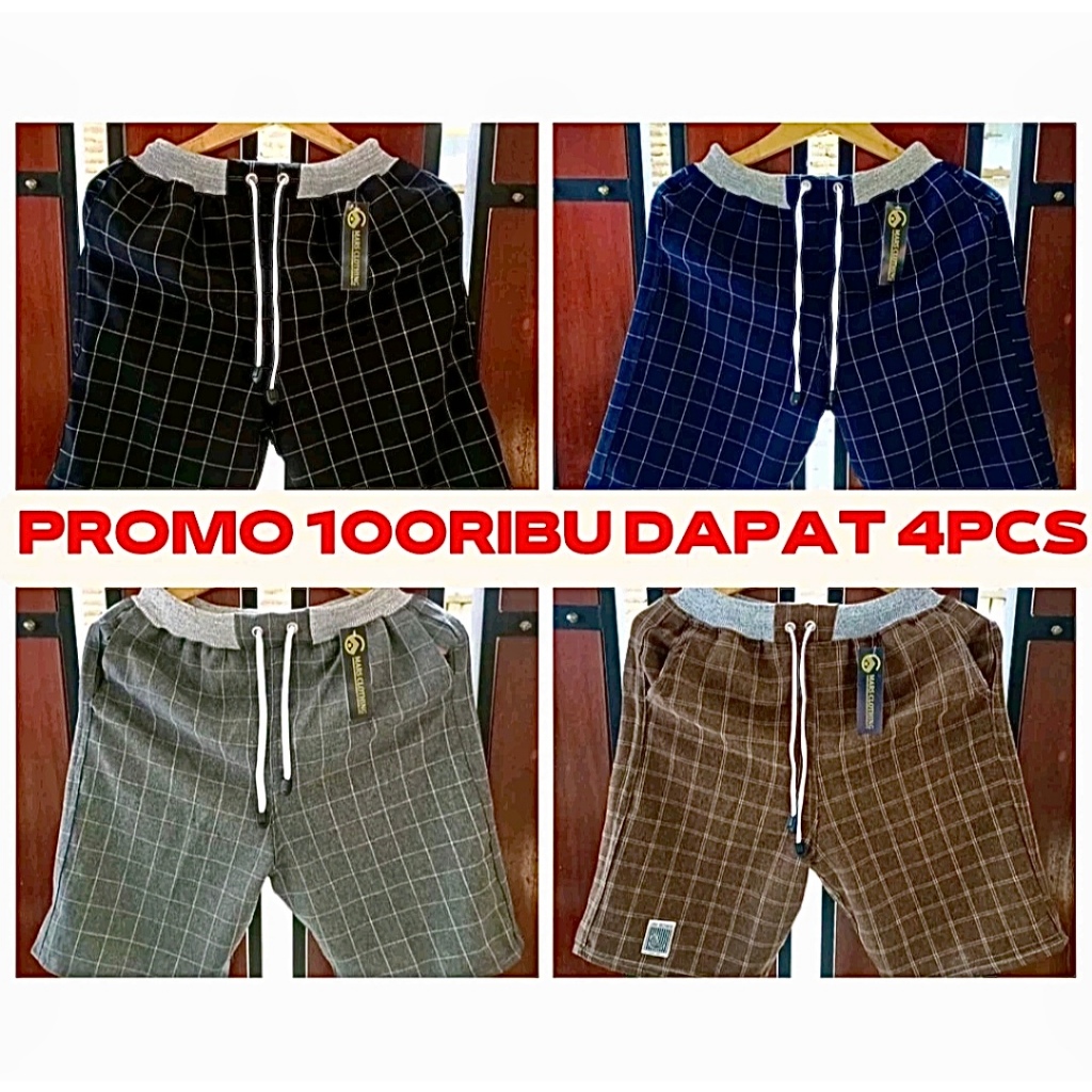 PROMO 100 RIBU DAPAT 4 CELANA PENDEK TARTAN PRIA COWOK KARET PINGGANG RIP CELANA PENDEK PRIA CELANA 