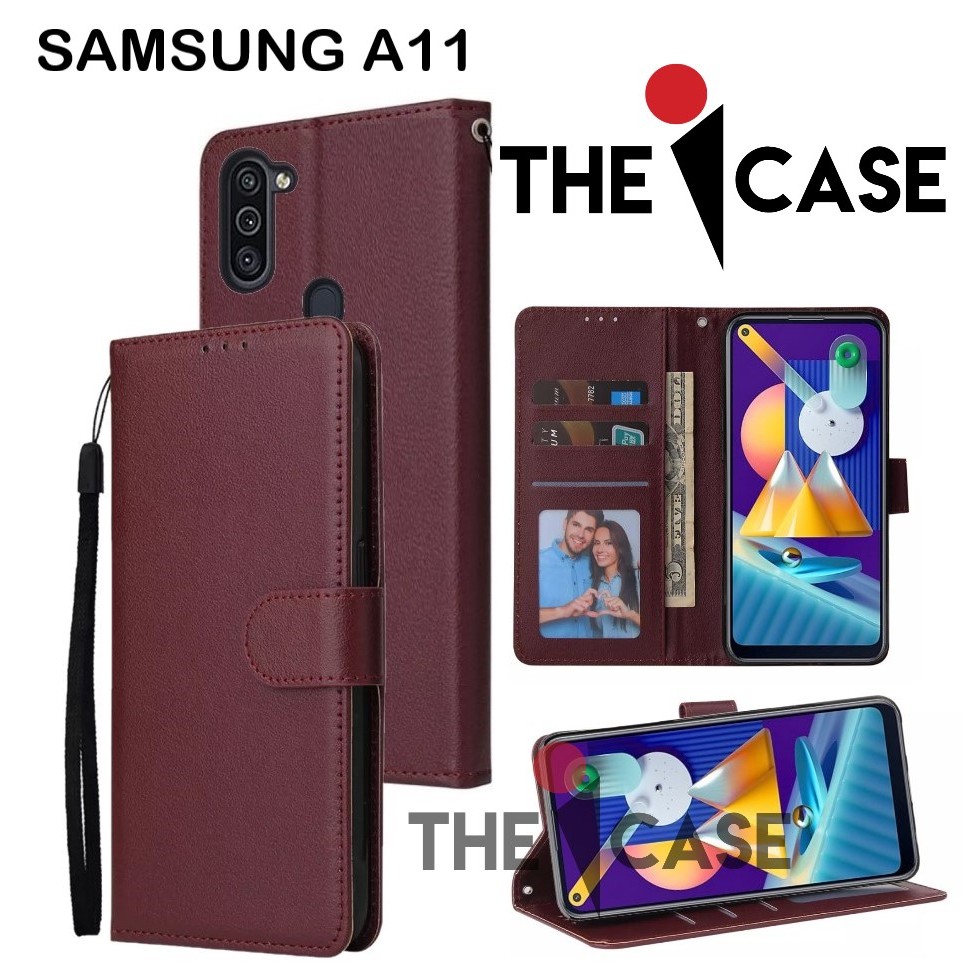 Casing SAMSUNG A11 model flip buka tutup case kulit ada tempat foto dan kartu juga tali hp flip cove