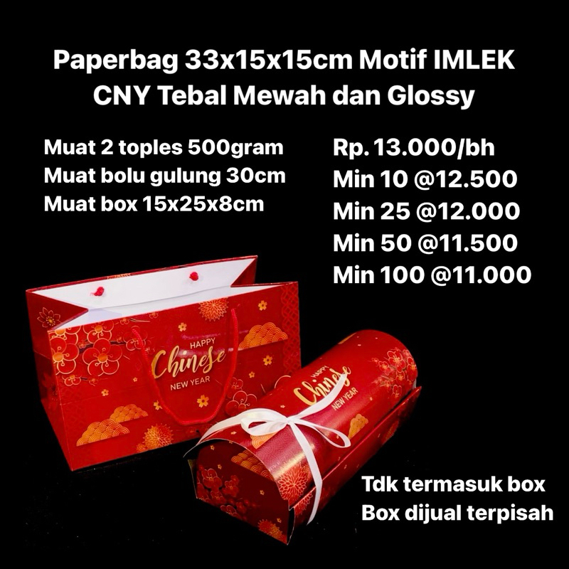 

Paper Bag 33x15x15cm Motif IMLEK CNY Tebal Muat 2 Toples 500gram