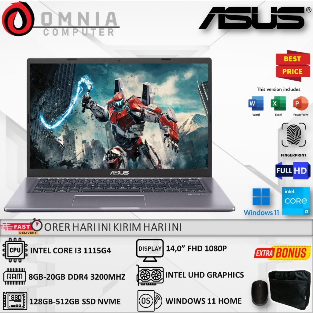 Laptop Murah Asus Vivobook X415EA Intel core I3 1115G4 20gb 512gb ssd FHD FP windows 11 original