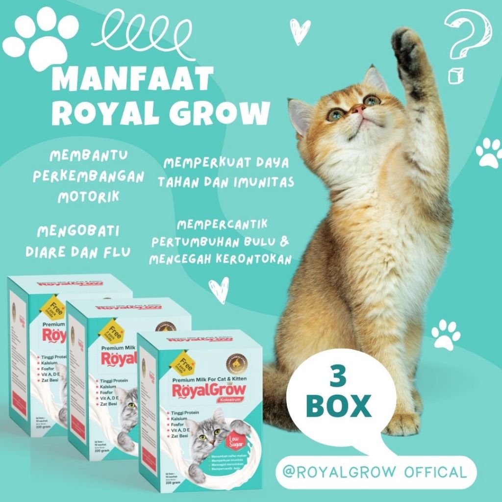 Paket 3 Box Susu Kucing Royal Grow - Susu Untuk Pertumbuhan Kucing - Susu Anak Kucing - Susu Untuk Kucing Mencret - Susu Untuk Kucing Sakit - Susu Untuk Bulu Kucing
