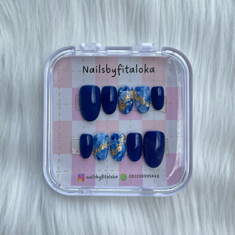 press on nail blue marble / fake nails / kuku palsu / nail art handmade / kuku palsu navy / kuku pal