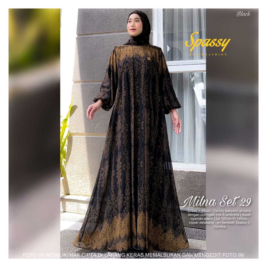 Milna Set Hijab 29 by Spassy x Dumma / Gamis Maxi Dress Setelan Jilbab Segi Empat / Bahan Ceruty Bab