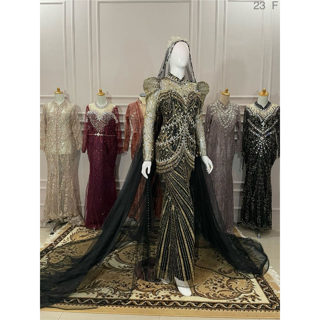 Kebaya pengantin wanita modern slim bustier hitam gold full payet premium