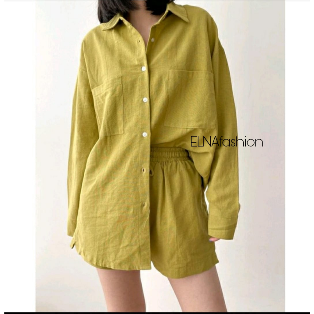 Linen Shirt Set / Setelan Linen Oversize Wanita (Kemeja Lengan Panjang + Celana Pendek) / Set Linen 