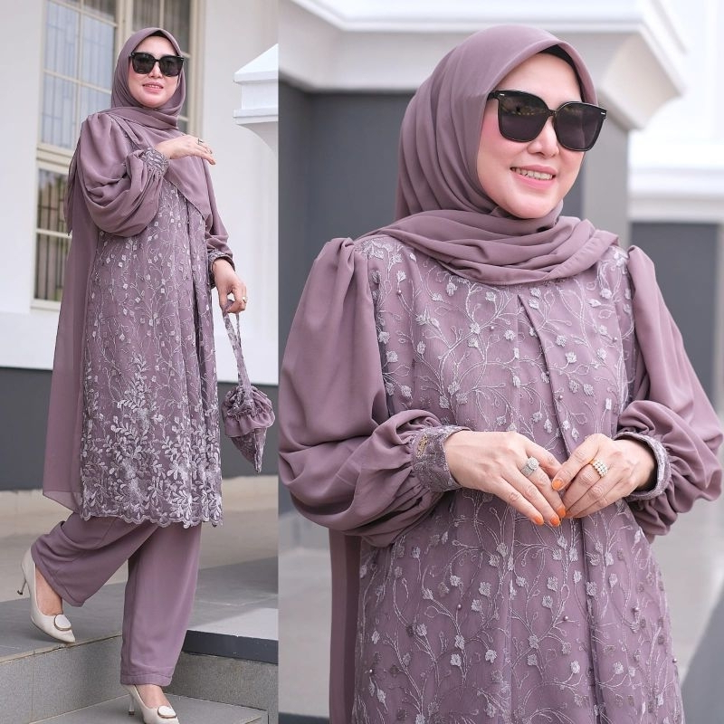 Vallina Outfit - Lexi One Set Brokat Long Tunic Setelan Wanita Muslim Cerutty Brukat Pesta Kondangan