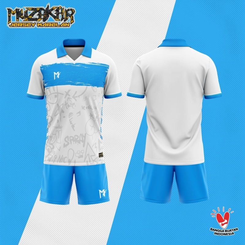 Baju Futsal Setelan Stelan Jersey Bola Muzakar Apparel Putih  Biru Langit Berkerah ,  Bisa Sablon