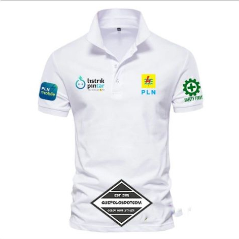 TYPE 01 - BAJU kerah mode polo LISTRIK PINTAR Depan LOGO PLN - BAJU PLN MOBILE dan logo safety first